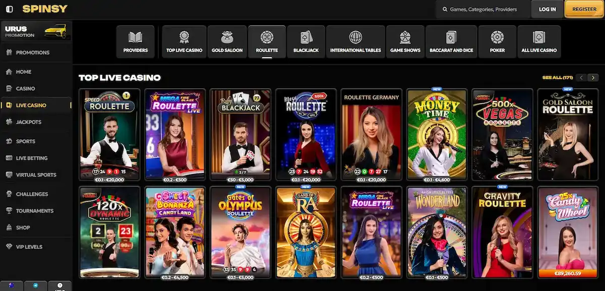 Spinsy Live Casino Lobby mit Roulette, Blackjack und Game Shows