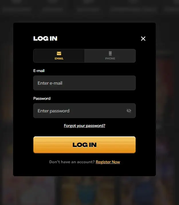 Spinsy Login-Fenster mit E-Mail- und Passwortfeld