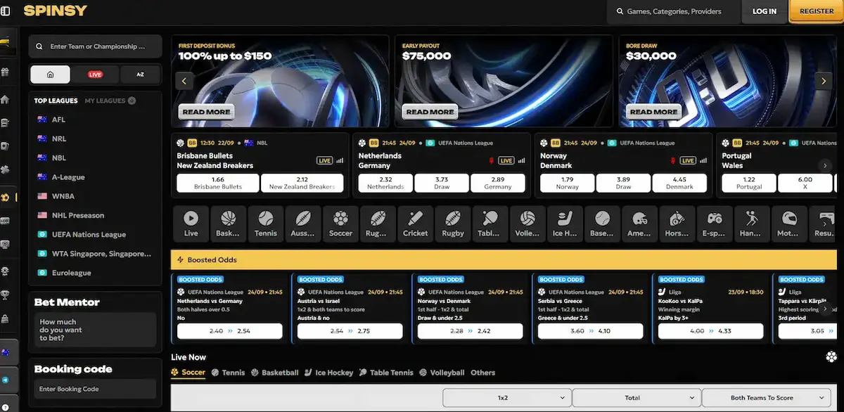 Spinsy Sportsbook mit Live-Quoten für Fußball und weitere Sportarten